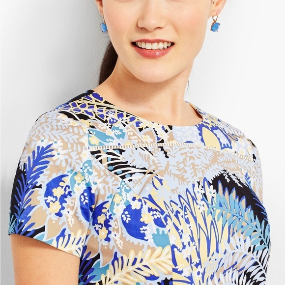 Talbots Botanical Floral Blue Multi Flounce Hem Short Sleeve Sateen Sheath 14 - Picture 4 of 7